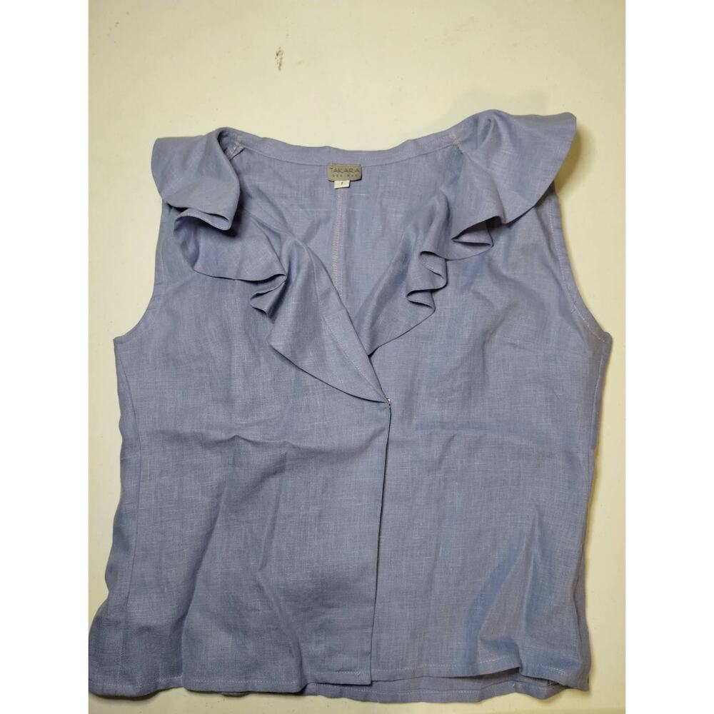Takara Top Size 1 Blue Button Front Short Sleeve Ruffles Career Lavendar